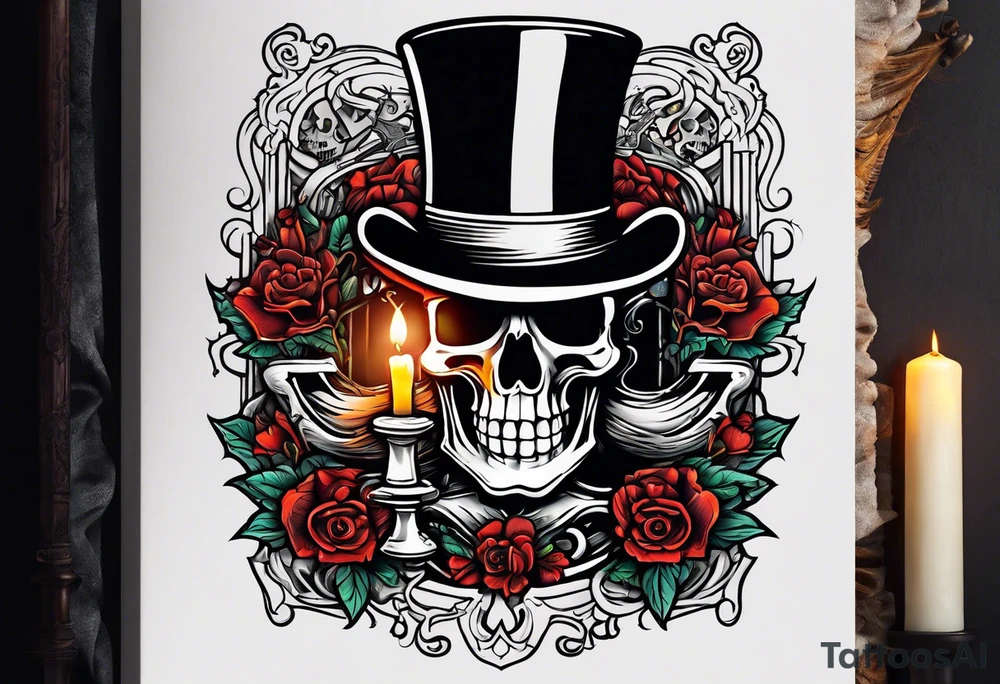 skeleton wearing a top hat reading a holy bible by candle light tattoo idea