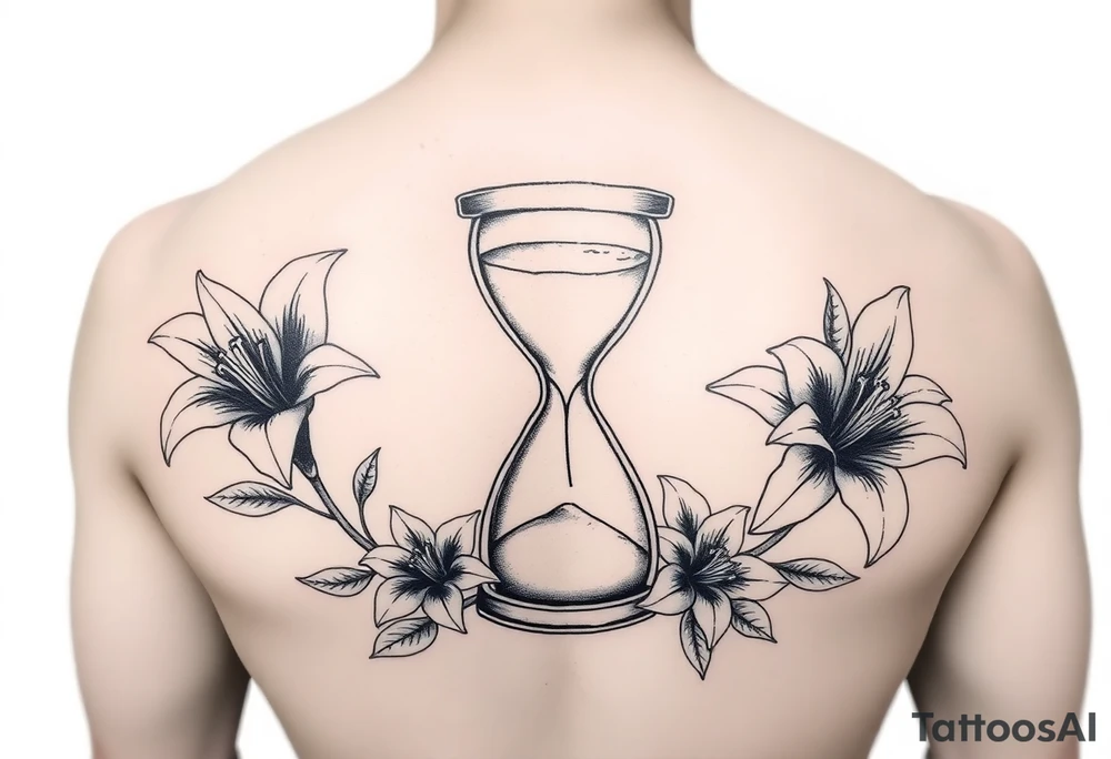 Hourglass, lillies, realistic, black and white tattoo idea