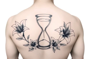 Hourglass, lillies, realistic, black and white tattoo idea