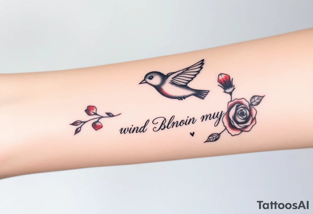 Soaring robin with trail of red rose petals with writing saying wind beneath my wings tattoo idea