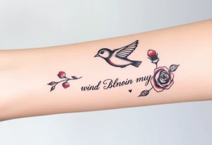 Soaring robin with trail of red rose petals with writing saying wind beneath my wings tattoo idea