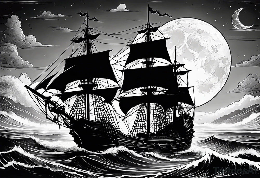An old pirate ship sailing through rough waters during the night with a full moon tattoo idea An old pirate ship sailing through rough waters during the night with a full moon tattoo idea