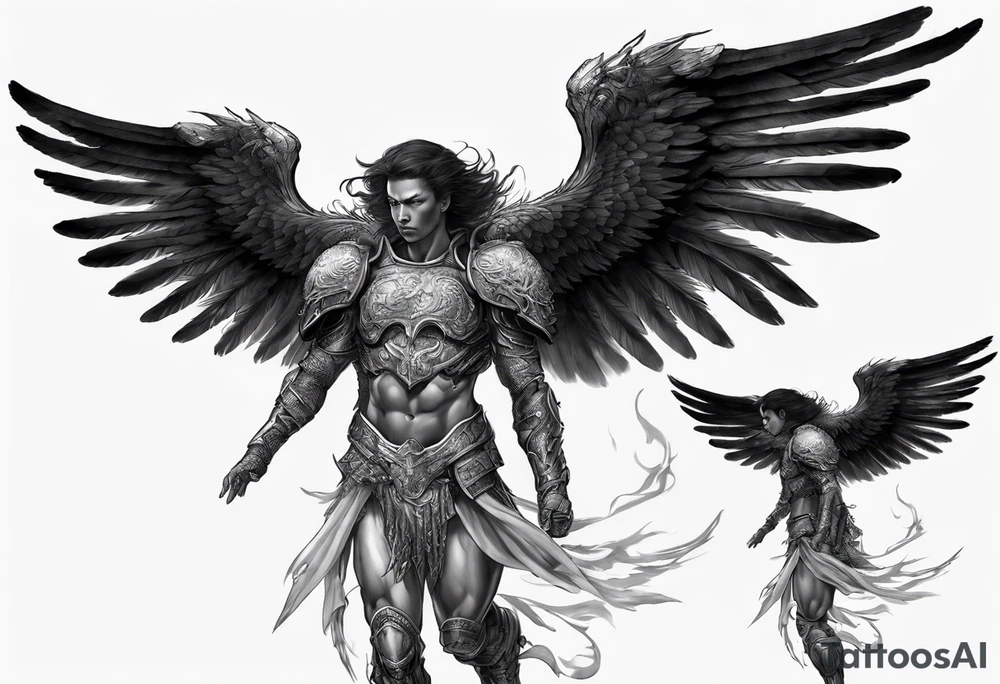 Side view of an black angel wearing inorganic armor that is in mid-air ready to attack tattoo idea