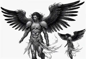 Side view of an black angel wearing inorganic armor that is in mid-air ready to attack tattoo idea