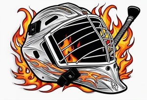 goalie mask with crossed hockey sticks and flames that says "SHOT HOCKEY" tattoo idea