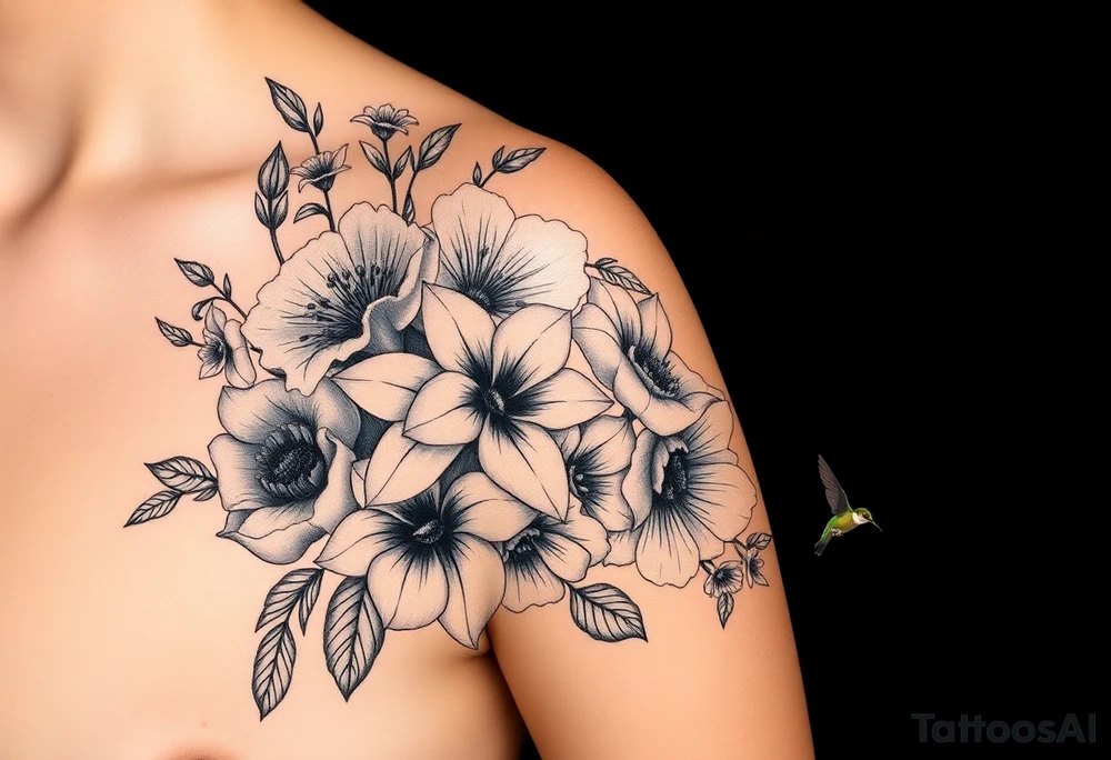 Can you create an image of a tattoo that will go on my upper arm including the following floral arrangement done very light handed and with soft lines- 1 large violet, 1 large carnation, 1 large lily of the valley, 1 large narcicuss, 1 medium carnation, 1 medium violet, 1 small dafodil, 2 small water lillies, and 1 small chrysanthemum. Add a small hummingbird drinking out of the large narcicuss. I want it on my upper right arm on the outside but slightly wrapping around the outer arm. I would like some greenery to fill in spaces as well. Make it large enough to fill my upper arm. I want the flowers to have dramatic and realistic shading. Make the tattoo more vertical than horizontal and put it on a female's arm with medium tan skin. tattoo idea