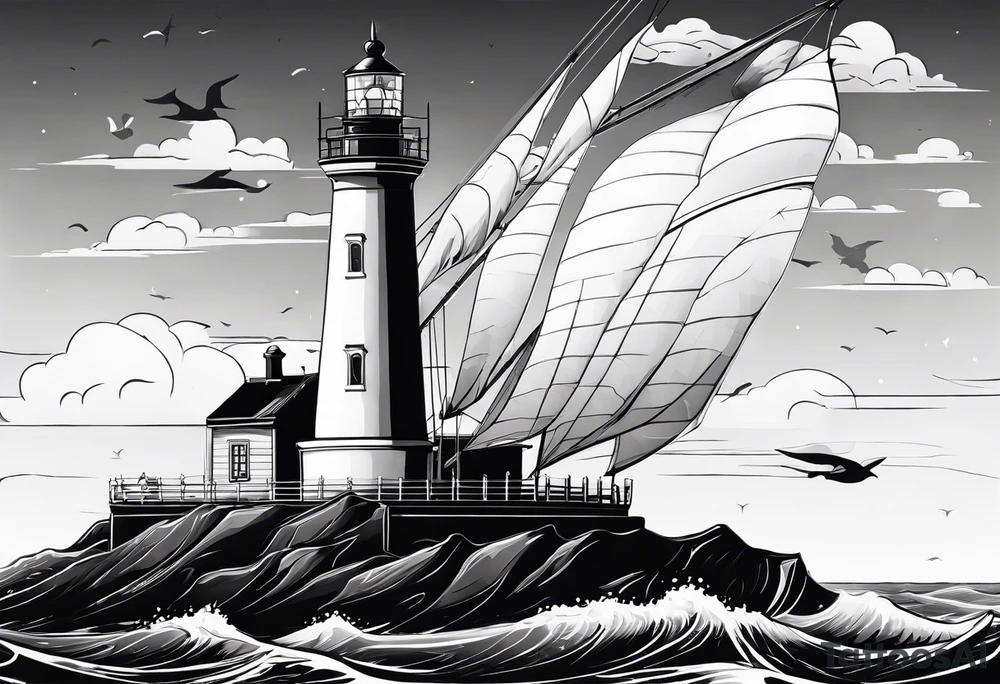 maritime lighthouse partially hidden by its large fixed sails. tattoo idea maritime lighthouse partially hidden by its large fixed sails. tattoo idea