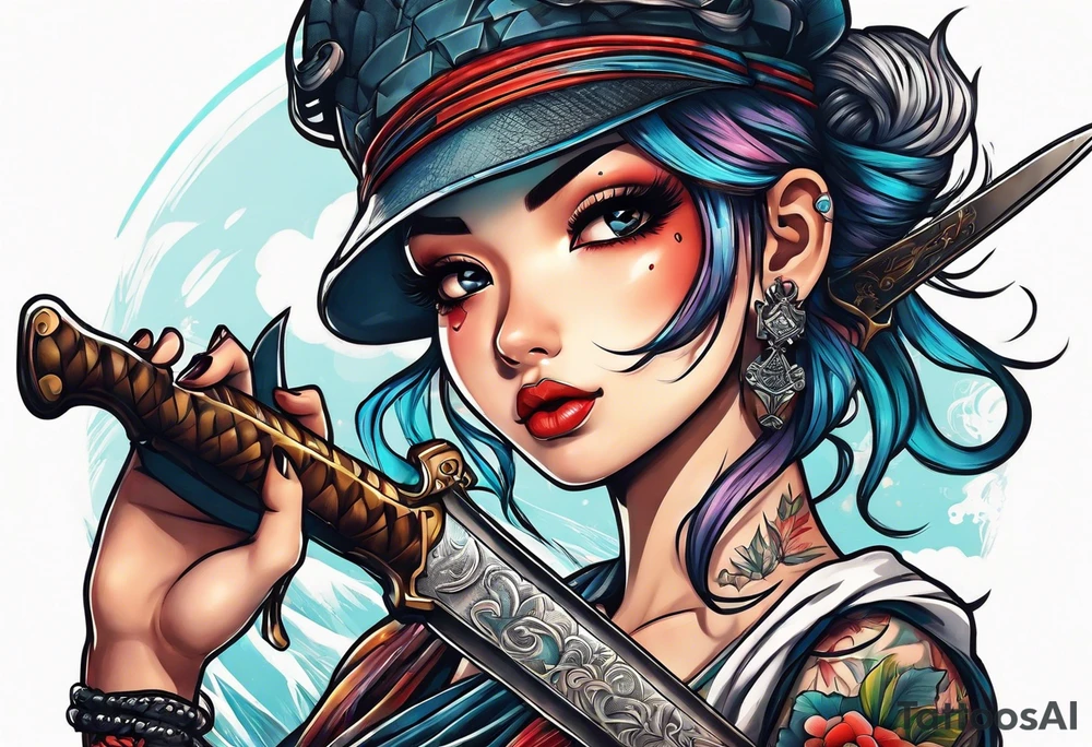 Cute girl with a bayonet knife in hands tattoo idea