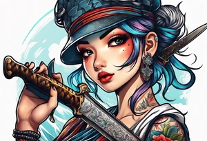 Cute girl with a bayonet knife in hands tattoo idea