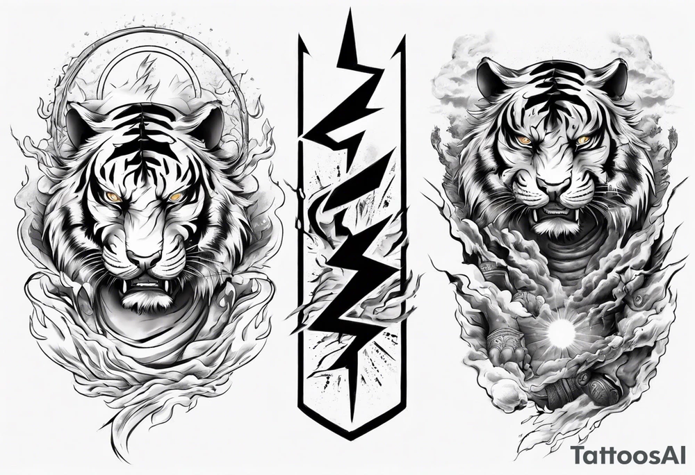 tiger warrior with lightning and the sun for a forearm sleeve tattoo idea