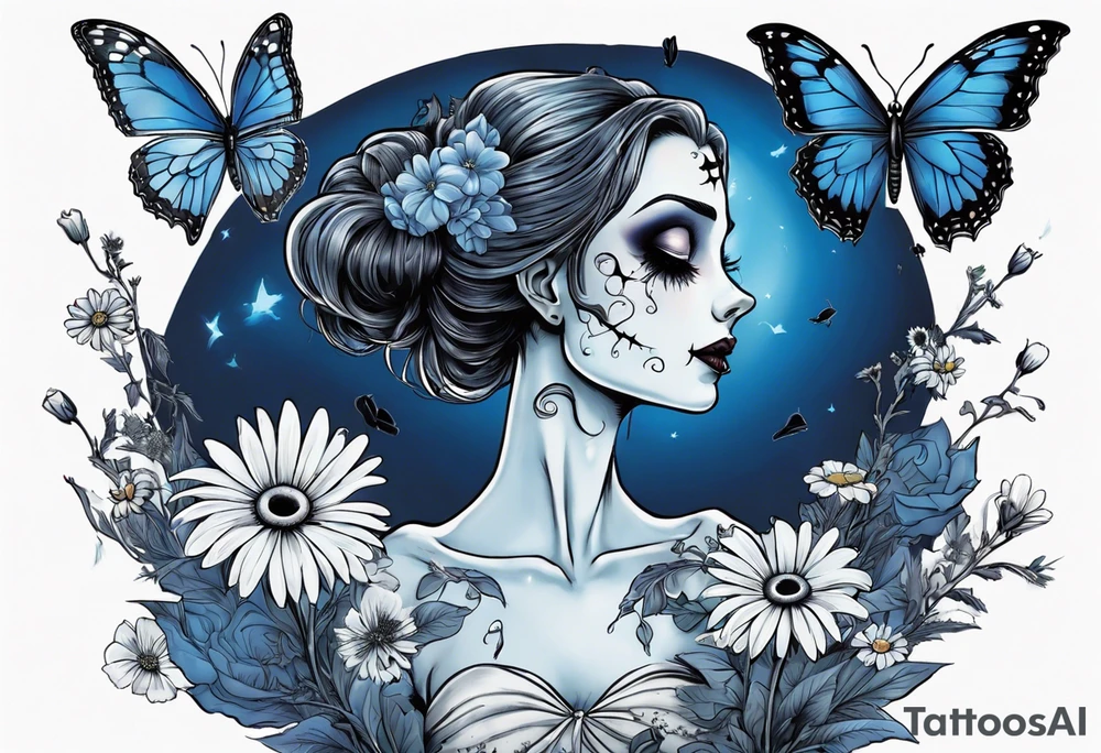 corpse bride Emily holding a bouquet of flowers. one white daisy in the bouquet. one blue butterfly. A full moon on the background. full grown tattoo idea