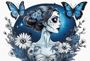 corpse bride Emily holding a bouquet of flowers. one white daisy in the bouquet. one blue butterfly. A full moon on the background. full grown tattoo idea