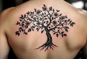 Family tree of 8 with names for woman with flowers and love hearts tattoo idea