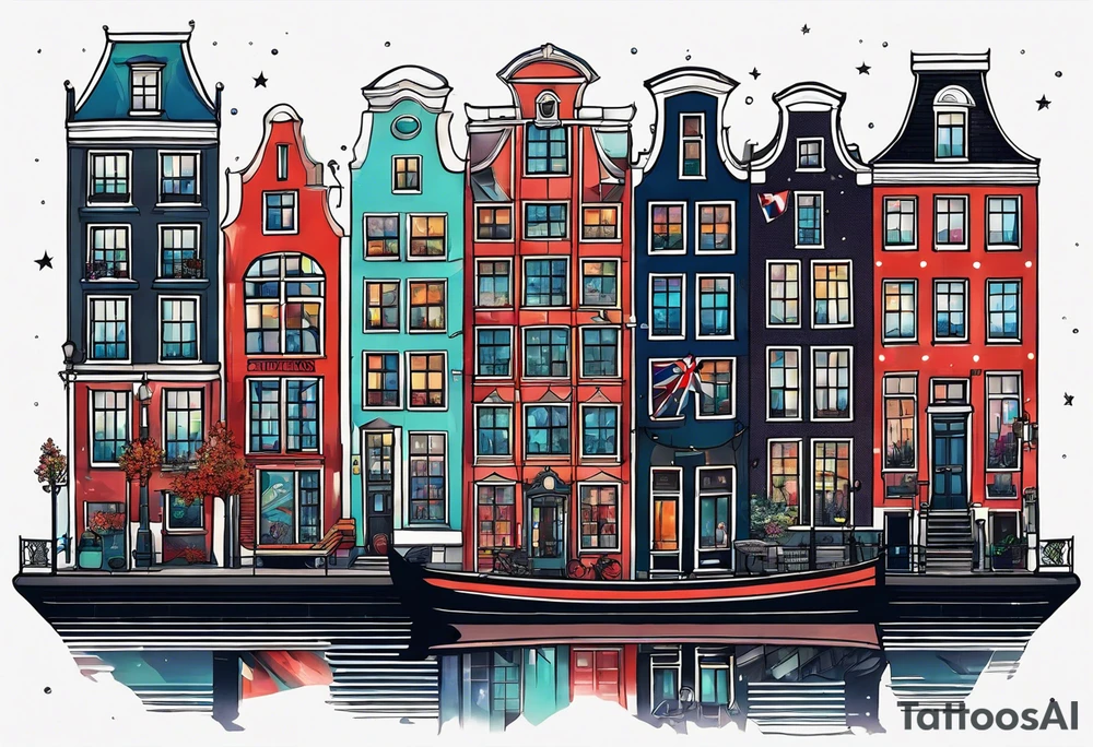Tattoo of animals in Amsterdam featuring Amsterdam buildings and canal in galaxy colours featuring glass tattoo idea