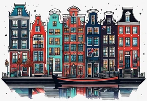 Tattoo of animals in Amsterdam featuring Amsterdam buildings and canal in galaxy colours featuring glass tattoo idea