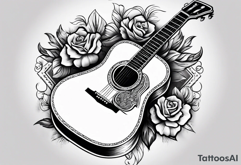 Detailed Christian Cross with acoustic guitar blended in tattoo idea