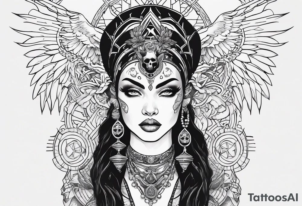 kali ma, alien goddess, valkrye, pirate, divine feminine, zenza resonance, pachamama, lotus azul, blank panther, eagle, skull, 5D, nueva gaya, dna 12 tattoo idea