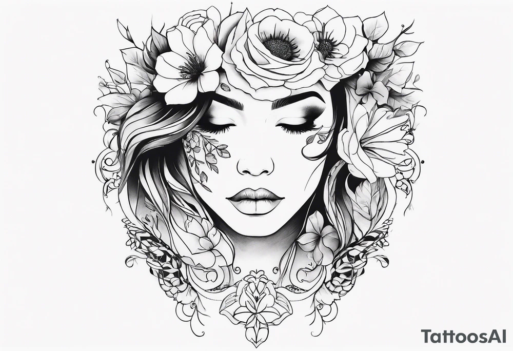 Powerful women’s face with flowers around tattoo idea