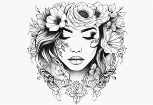 Powerful women’s face with flowers around tattoo idea