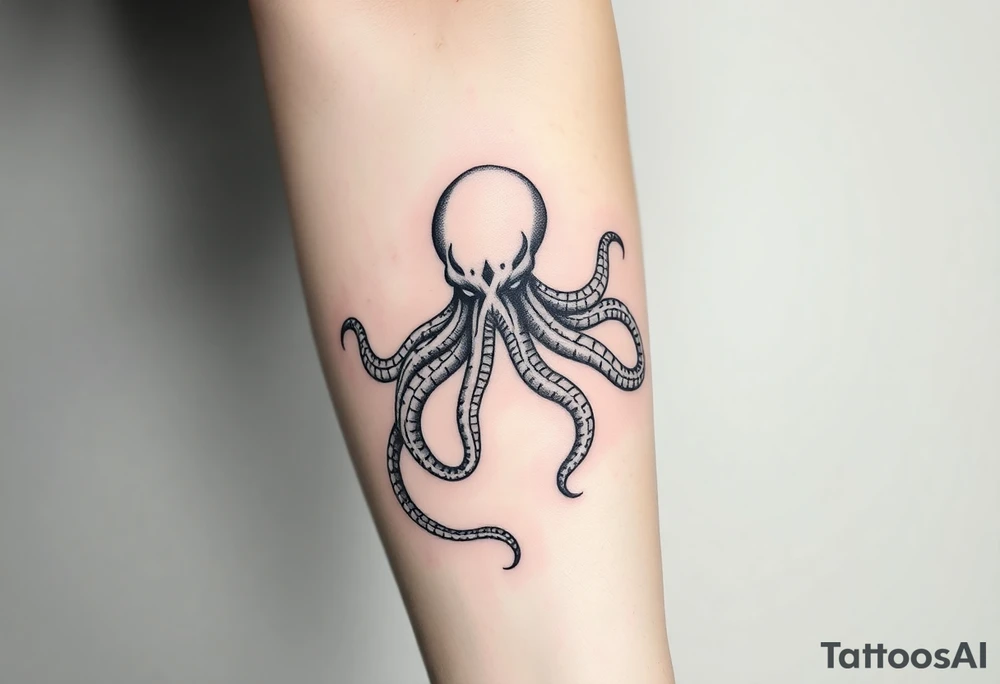 A minimalist blackwork tattoo design of an evil kraken The kraken is viewed from a 45-degree angle facing left, with its head centered. The tentacles extend only to the left and right, with none going downward beneath the head. The style is clean, fine-line detailing with bold outlines, avoiding heavy shading. The tentacles should be fluid, aggressive, and striking, enhancing the menacing and eerie look of the kraken while maintaining a cohesive design for a tattoo sleeve. tattoo idea