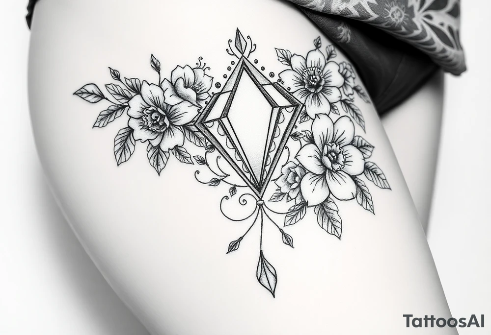 Diamond with vintage lace and flowers more detailed tattoo idea