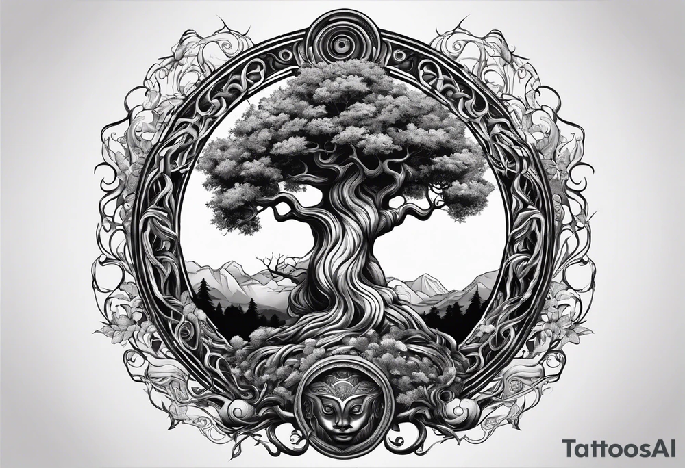 The deity Pan is entwined in a tree which is a portal tattoo idea