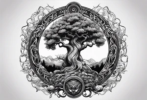 The deity Pan is entwined in a tree which is a portal tattoo idea