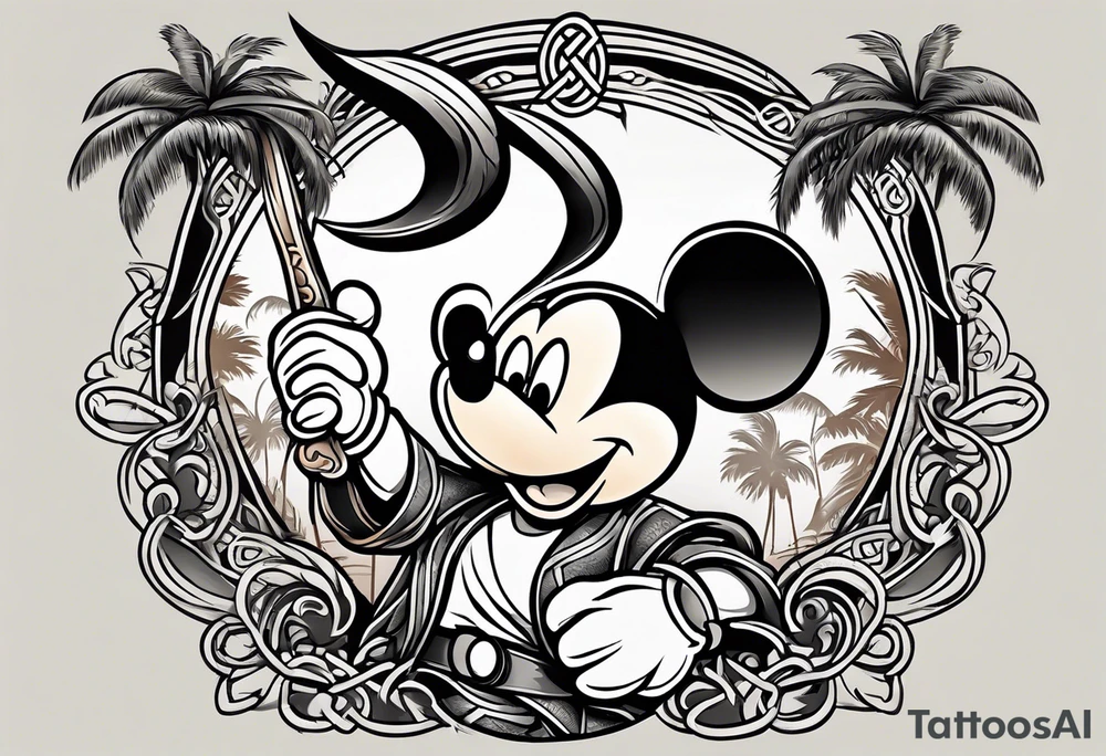 mickey mouse holding a karambit knife in one hand and a rattan stick in the other hand with palm trees and the celtic symbol for family tattoo idea