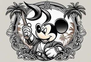 mickey mouse holding a karambit knife in one hand and a rattan stick in the other hand with palm trees and the celtic symbol for family tattoo idea