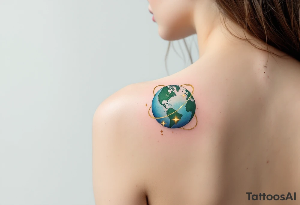 A hyper-realistic globe in ocean blue and emerald green is wrapped in a ring of glowing golden stars. tattoo idea