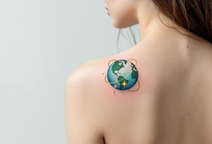 A hyper-realistic globe in ocean blue and emerald green is wrapped in a ring of glowing golden stars. tattoo idea
