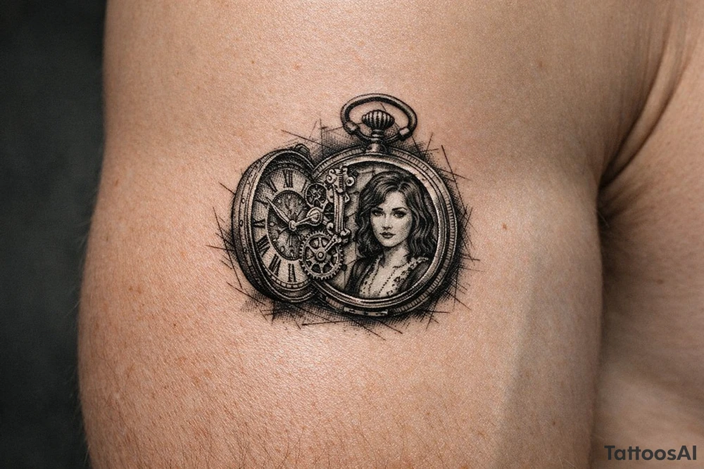 Victorian pocket watch, Margo's portrait inside, intricate brass clockwork mechanism. tattoo idea