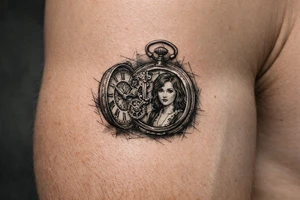 Victorian pocket watch, Margo's portrait inside, intricate brass clockwork mechanism. tattoo idea