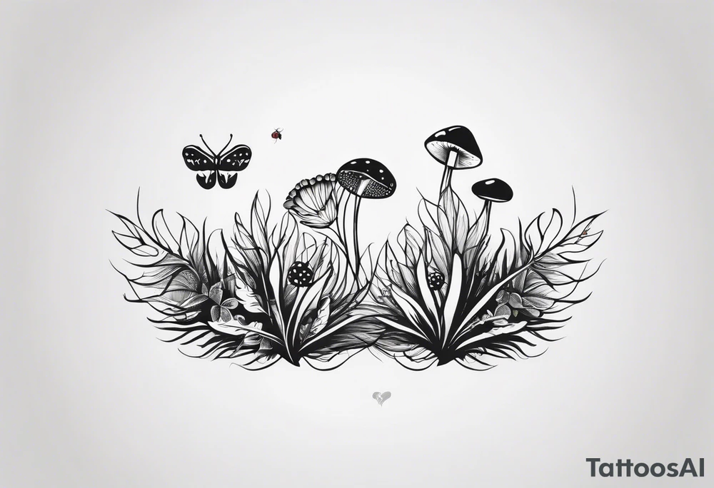 minimalistic forest floor inspired tattoo, which includes grass, curly ferns and dead leaves as the bulk of the tattoo. details to include: three  tiny strawberries, couple of very small mushrooms, a tiny bumblebee flying nearby tattoo idea