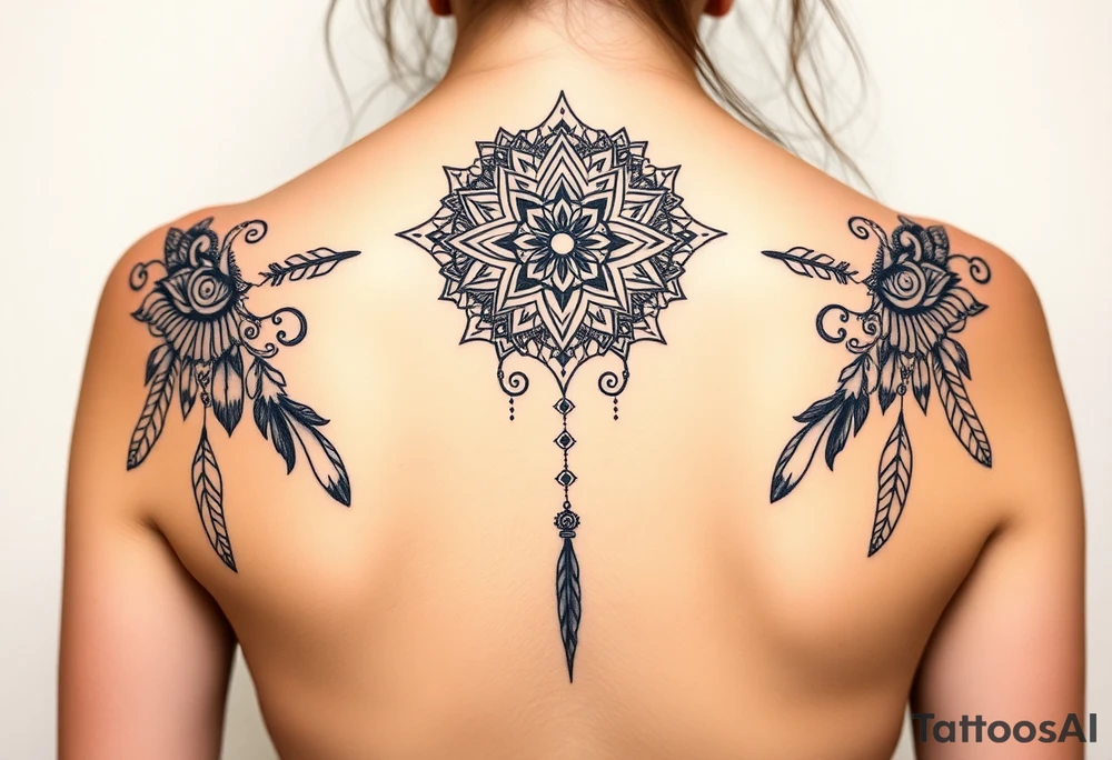 shaman symbols and mandalas and feathers wicca witch spiritual and sami culture big whole back tattoo idea