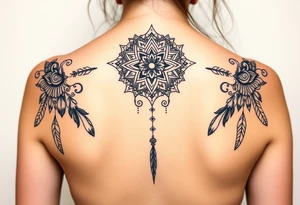 shaman symbols and mandalas and feathers wicca witch spiritual and sami culture big whole back tattoo idea
