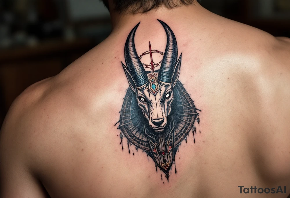 An Anubis with a Halo - Blending Egyptian mythology with Christian spirituality (only red , blue and black are possible colors) tattoo idea