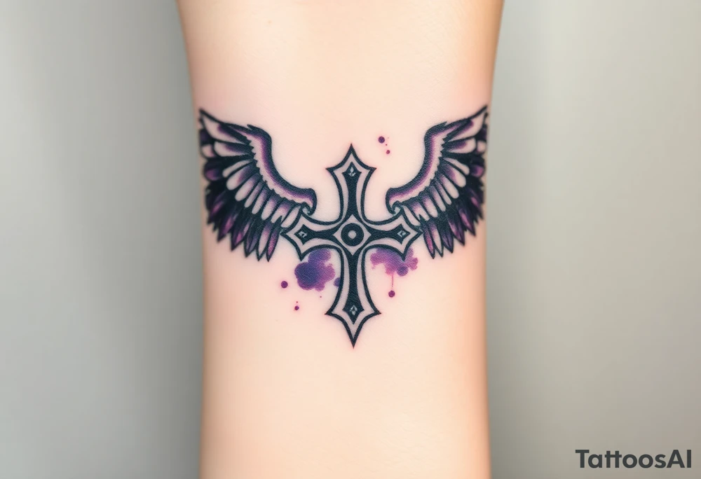 A Viking-style iron cross, with raven wings in black and deep purple tattoo idea