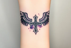 A Viking-style iron cross, with raven wings in black and deep purple tattoo idea