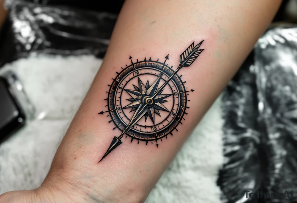 rustic compass/clock with a full length native american arrow pointing at my wrist going thru it and say "True North" tattoo idea