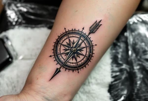 rustic compass/clock with a full length native american arrow pointing at my wrist going thru it and say "True North" tattoo idea