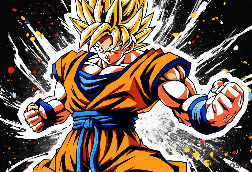 paint son goku as a super saiyajin 2, doing a kamehameha. sourround him by his friends and his family. all of them are displayed as a papercut tattoo idea