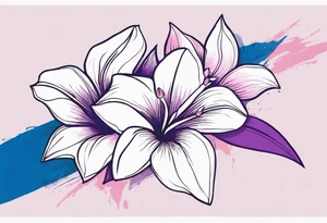 negative space linework mandevilla flowers over a brushstroke background of blue, pink and purple tattoo idea