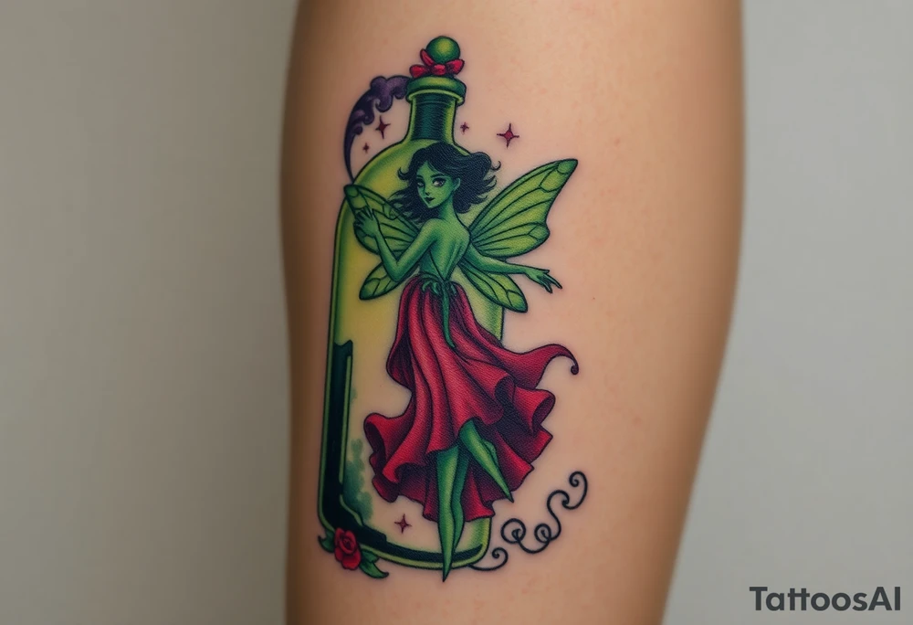 Tim Burton’s style Vintage Parisian elegant and beautiful yet eerie full body absinthe Green Fairy dances outside her victorian crystal absinthe bottle Absinthe Art Nouveau   and dripping with muted reds, dusty pinks, and eerie green glow.purple and cyan smokey clouds swirl in the crescent moonlit sky thats sprinkled with stars tattoo idea