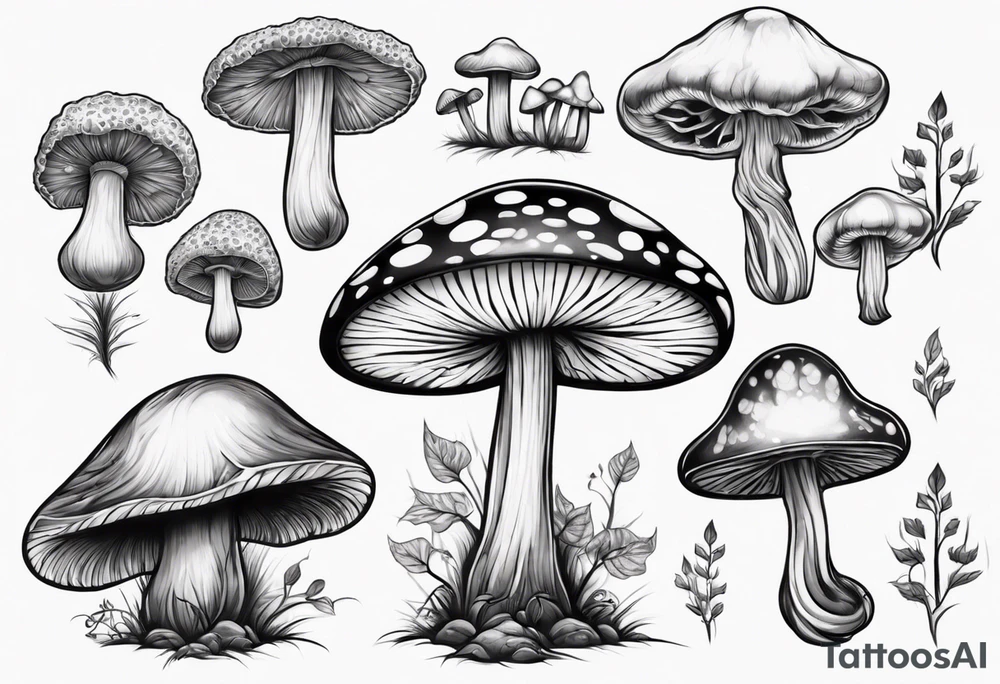 Magic mushroom growing form under a tree tattoo idea