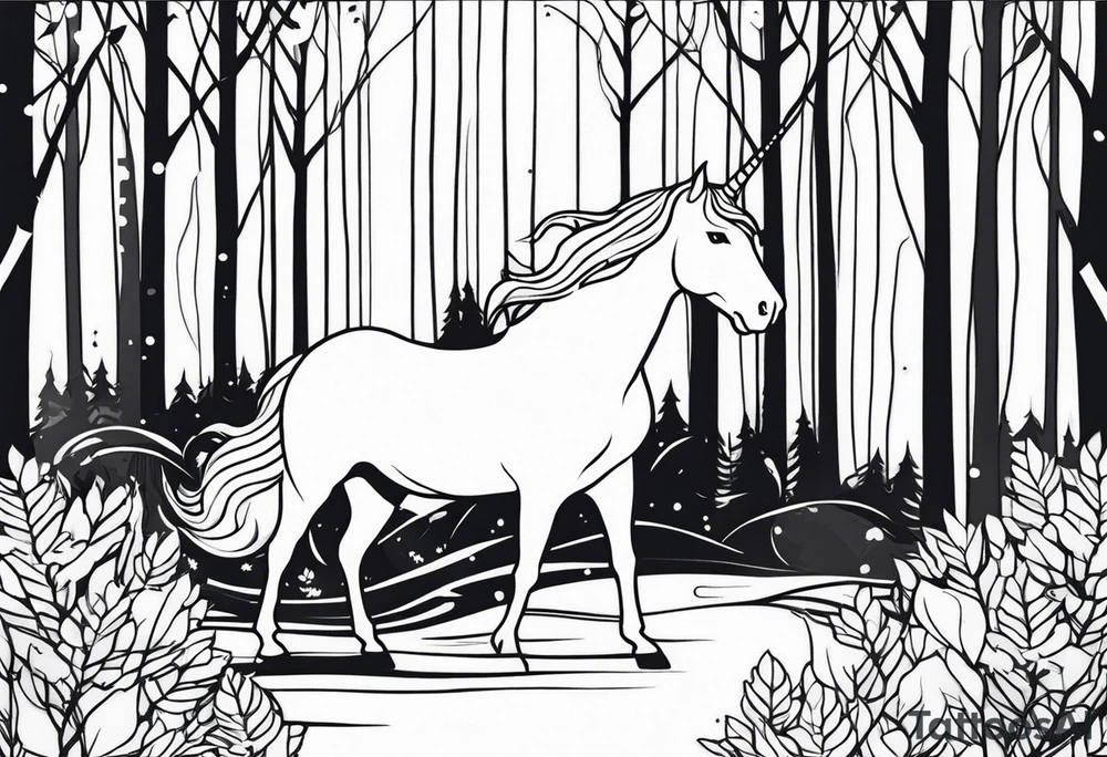 Unicorn in forest – Walking through an enchanted woodland. tattoo idea