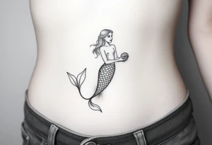 Mermaid tattoo full body soft face light grainy holding a shell in hand tattoo idea