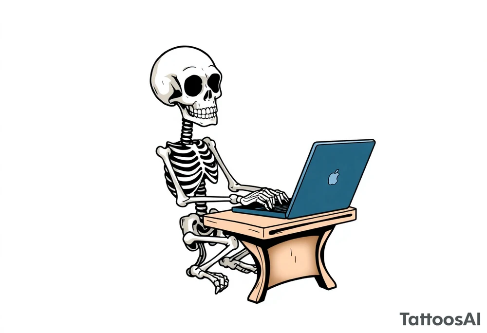 skeleton working at a desk with a laptop tattoo idea