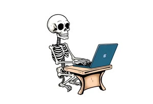 skeleton working at a desk with a laptop tattoo idea