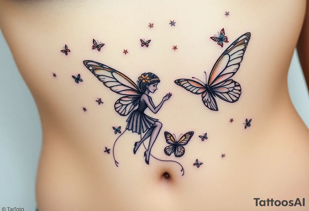 Small butterflies with sparkles falling as they surround a beautiful fairy with a young fairy staying close to to the other fairy with the butterflies looking to play tattoo idea